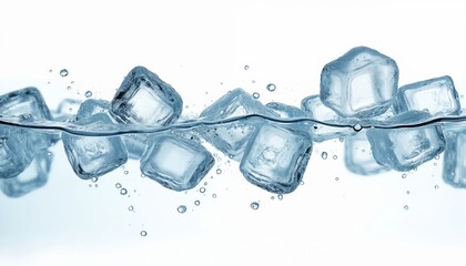 Close-up of many translucent blue ice cubes floating in clear water with bubbles. Coolness, refreshment concept. Ice for cocktail drinks. Freshness. Purity. Abstract background. Frozen water. Still