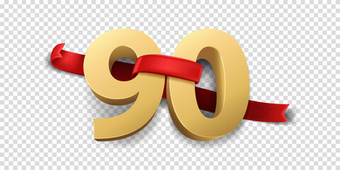 90th Year anniversary celebration background. 3D Golden number wrapped with red ribbon and confetti, isolated on transparent background.