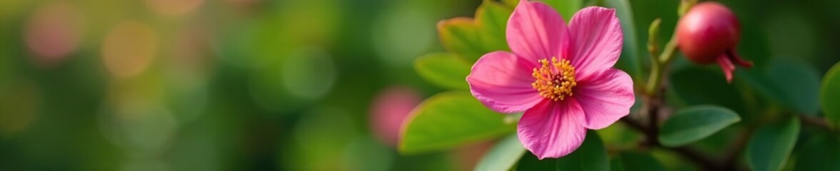Pink flower with green sepals on pomegranate tree, floral, blossoms, botanical