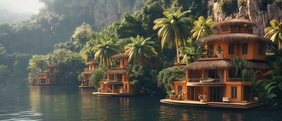 Obraz premium A floating village in the tropics with houses deco_009