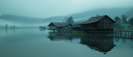 Fototapeta premium A floating village on a lake with houses on stilts_002