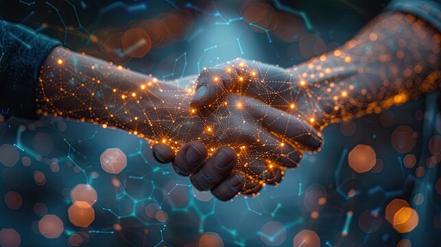 Close up businessman shaking hands with digital partner on futuristic technological background, concept of digital partnership, business deal, technology industry