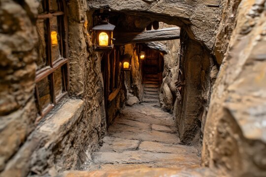 Stone pathway descending into a dimly lit, narrow passage.  Warm light from lanterns illuminates rough-hewn stone walls and stairs