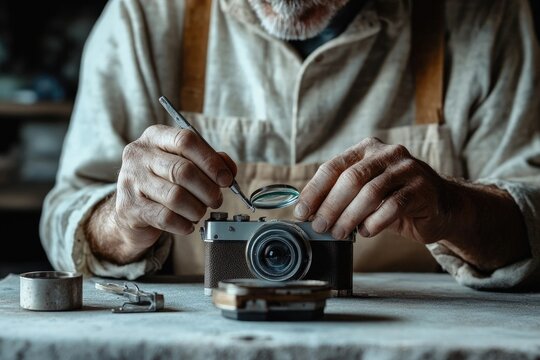 A skilled elderly craftsman meticulously repairs a vintage camera with precision tools and a magnifying glass.
