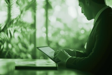 A businessman analyzes data on a tablet, showcasing financial strategy and technological integration in a serene office setting.