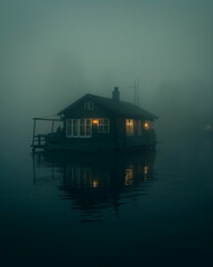 Fototapeta premium A houseboat at dawn the fog slowly rises from the _004