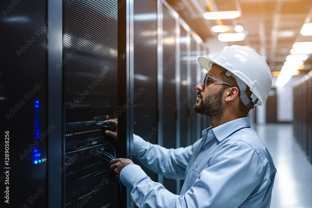 Poster technician adjusts server connections in a high-tech data center. bright lighting illuminates the ro