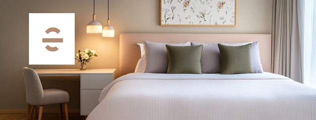 Soft pastel pink bedding paired with green accents invites relaxation in a bright, airy room filled with plants and colorful lighting