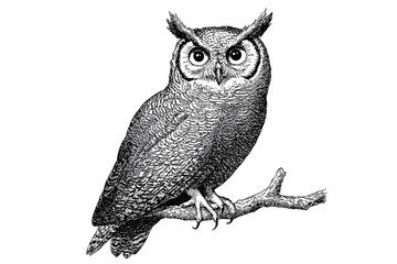 Black sketch effect hand-drawn owl, vintage wildlife illustration, trendy animal art, wall decor, old engraving style, white background, nature artwork, retro decor.