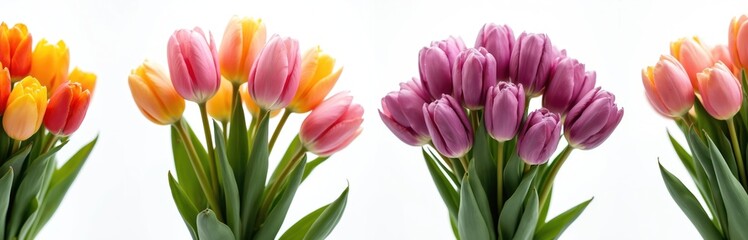 Fototapeta premium Collection of tulip flowers bouquet with pink, purple, orange mix. Mockup for graphic design, transparent PNG file for celebration, decoration needs. Floral arrangement for anniversary, decor,
