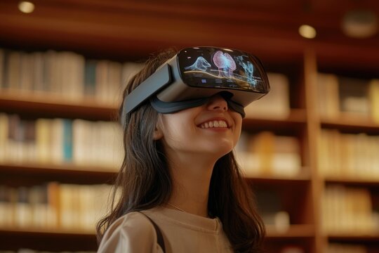 Young woman in a library experiences virtual reality, brain imagery displayed on headset.