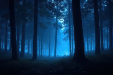 Naklejka premium Foggy forest at night with misty trees and autumn foliage