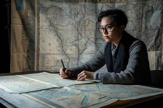 A person with short hair wearing glasses studies old maps spread across a table, engrossed in geographical exploration.