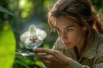 A woman scientist carefully examines a beautiful white orchid using a magnifying glass in a lush green environment.