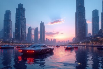 Fototapeta premium Hong Kong's urban skyline illuminates the night with skyscrapers reflecting the city's business architecture