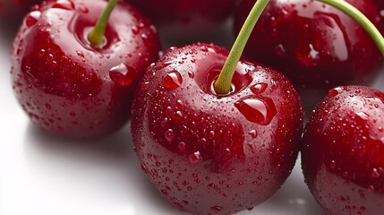 Makrofotografia błyszczącej wiśni z kroplami wody, głęboki czerwony kolor