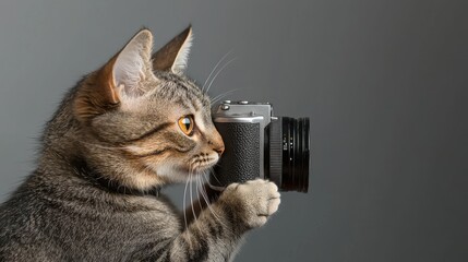 A playful cat curiously holds a camera, blending humor and cuteness in a whimsical photo.