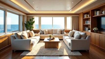 Fototapeta premium Luxurious Ocean View Living Room with Hardwood Floors and Built-in Bookcases