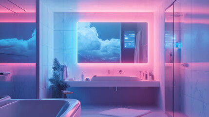 A realistic animation of a high-tech smart mirror in a futuristic bathroom, displaying real-time health data, weather updates, and personalized skincare recommendations 