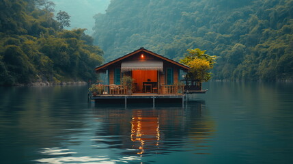 Fototapeta premium A houseboat on the river standing modestly among g_004