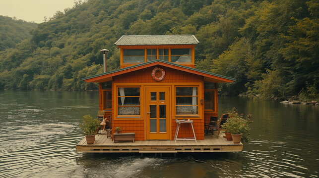 A houseboat on the river standing modestly among g_003