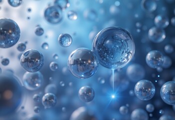  Transparent bubbles floating in the air with a single bubble having a droplet falling from it
