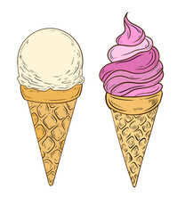 Vector colored ice cream in a cone. Two colored ice creams with a scoop and cream in a cone. Dessert cold ice cream with vanilla and strawberry flavor. Design and decoration of packaging, menu, cafe.