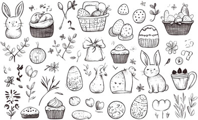 
A collection of  hand-drawn vector icons with an Easter theme, created in a clean black line art style on a white background