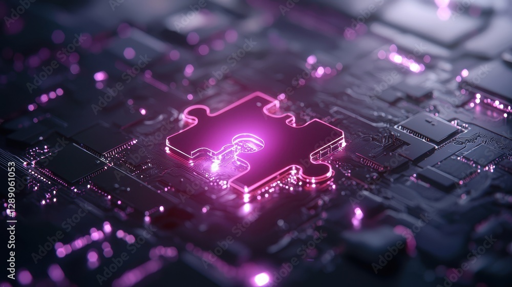 Poster a glowing puzzle piece on a dark circuit board, symbolizing technology and problem-solving in a digi