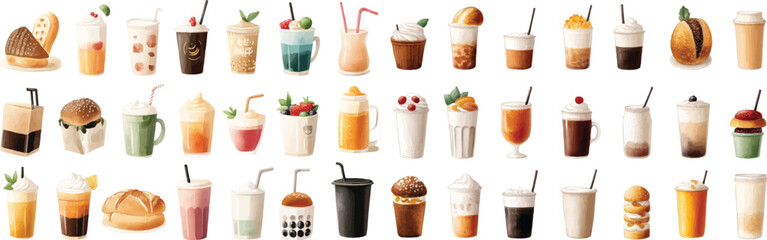 A beautifully designed set of  watercolor icons depicting artisanal breads, colorful bubble tea cups, and a variety of stylish drinks, rendered in the expressive