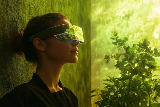 A woman wearing futuristic augmented reality glasses, standing against a green wall, looks toward a green plant.