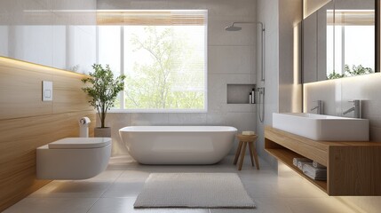 Fototapeta premium A modern, minimalistic bathroom featuring a freestanding tub, sleek fixtures, natural light, and wooden accents for a serene ambiance.