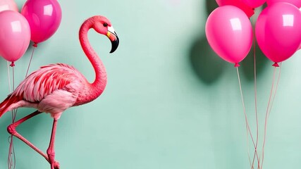 Pink flamingo with pink balloons on blue background, Birthday greeting concept