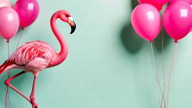 Pink flamingo with pink balloons on blue background, Birthday greeting concept
