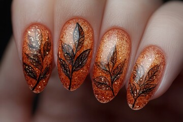 Autumn nails with burnt orange color and leaf glitter in almond shape with magnetic effect