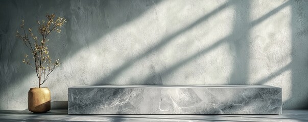 Minimalist gray terrazzo block with plants and beautiful play of shadows