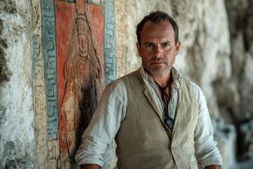 Fototapeta premium A man in a vest stands near ancient Mayan murals, possibly an archaeologist or historian exploring a historical site.