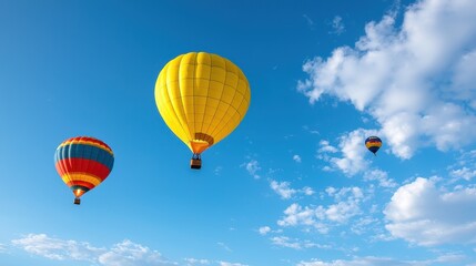 Fototapeta premium Colorful hot air balloons float against a bright blue sky, creating a picturesque scene filled with clouds and adventure.