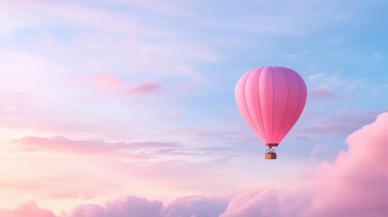 Fototapeta premium A pink hot air balloon floats gracefully among soft pastel clouds against a serene sky.