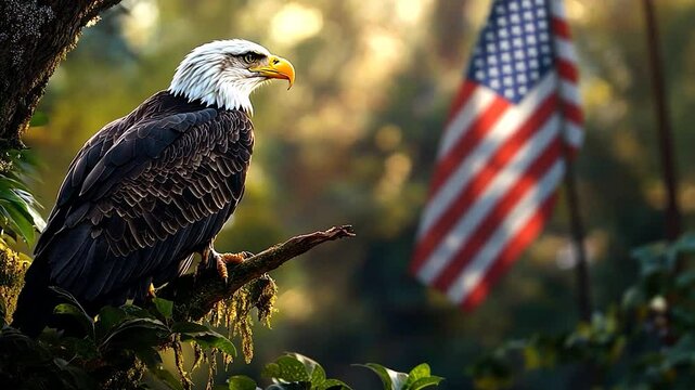 Bald eagle perched, flag backdrop, forest, patriotic
