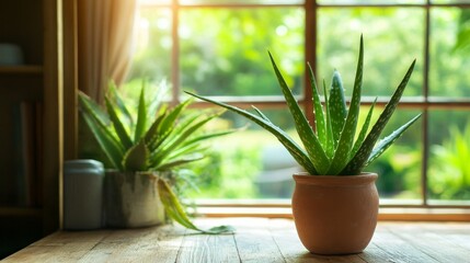 Lush green aloe vera plants on a sunlit wooden table indoors