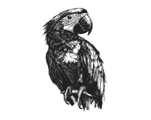 Vintage illustration of a hand-drawn parrot in black sketch effect, wildlife print, trendy bird art on a white background.