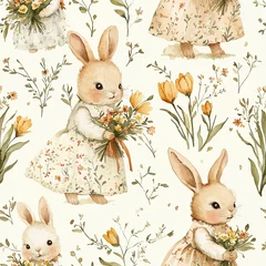 Cute seamless pattern with Easter bunnies and flowers. Ideal for printing on fabric and wallpaper.