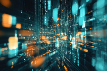 Obraz premium Abstract Digital Cityscape Teal and Orange Data Stream Design