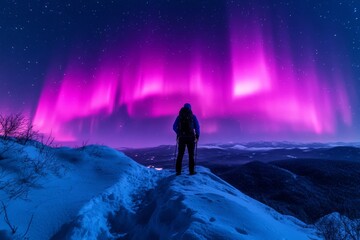 Fototapeta premium Silhouetted hiker beneath violet aurora waves