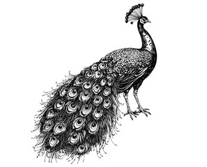 Black sketch effect of a hand-drawn peacock, wildlife print, vintage illustration, trendy bird art, old engraving style, white background. © Vintage Studio