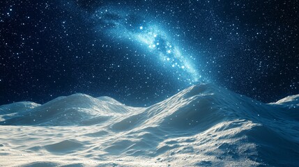 Naklejka premium Cosmic Landscape With Majestic Mountains Under Starry Sky and Glowing Galaxy in the Background, Perfect for Sci-Fi Themes