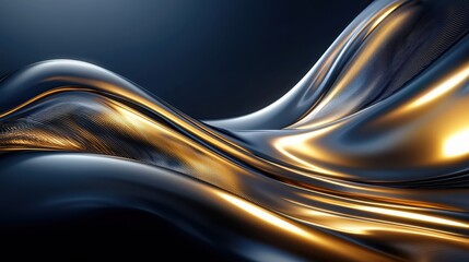 Luxurious abstract waves in deep blue and gold tones creating a dynamic and elegant composition. The flowing metallic textures add a sense of sophistication and modernity. Generative AI