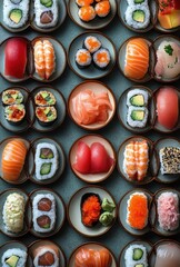 Fototapeta premium Assorted Sushi Selections Displayed on Plates with Vibrant Colors and Varied Toppings, Ideal for Food Lovers and Culinary Enthusiasts