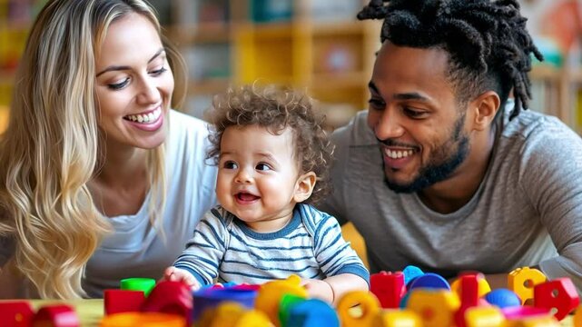 Cherished Family Moments: Capture the heartwarming bond of a loving family, with a mother and father adoring their happy baby, surrounded by colorful toys, evoking joy and connection.